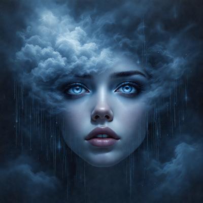 The primary subject of the image is a woman with blue eyes, who is the main focus of the scene. She is surrounded by a cloudy, blue sky, which serves as the backdrop for the image. The visual style of the image is digital art, as it is a computer-generated or digitally edited portrait. The colors and mood of the image are predominantly blue, creating a serene and dreamy atmosphere.
